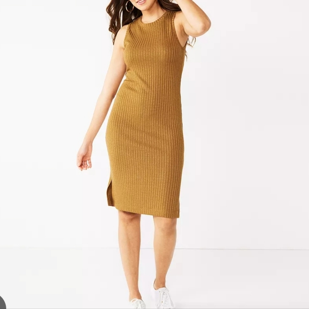 Nine West Ribbed Tank Midi Dress in Bronze-Tan